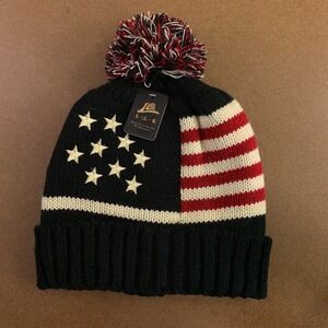 LLK Adult One Size American Flag Knit Pom Cuffed Beanie NWT